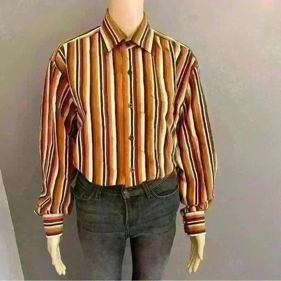 Vintage oversized unisex orange stripes long sleeves button down shirt  blouse - Picture 2 of 11